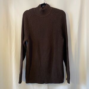 Men's Dark Chocolate Brown Rib Knit Funnel neck Sweater LG 100% Cotton